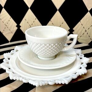 Milk Glass Cup, Saucer & Lace-Edged Bread Plate Trio – Romantic Textured Design